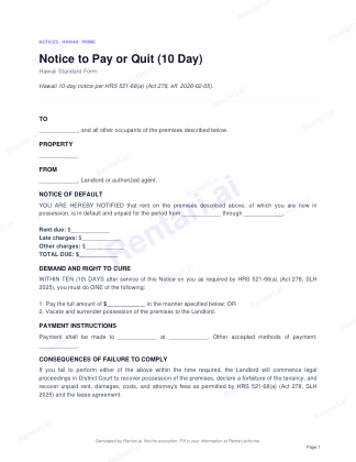 First page of Notice to Pay or Quit (10 Day) for Hawaii, with a Rentari watermark