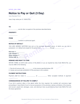 First page of Notice to Pay or Quit (3 Day) for Iowa, with a Rentari watermark
