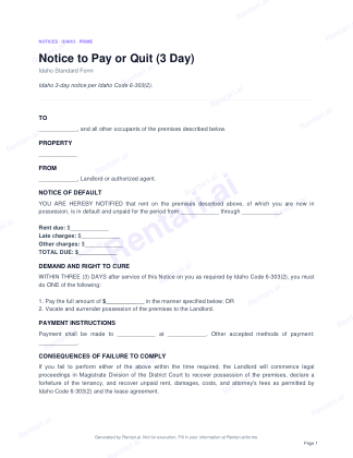 First page of Notice to Pay or Quit (3 Day) for Idaho, with a Rentari watermark