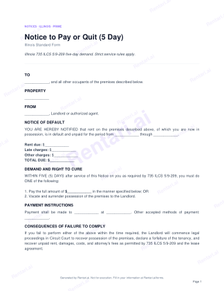First page of Notice to Pay or Quit (5 Day) for Illinois, with a Rentari watermark