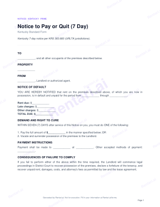 First page of Notice to Pay or Quit (7 Day) for Kentucky, with a Rentari watermark