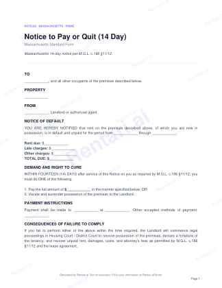 First page of Notice to Pay or Quit (14 Day) for Massachusetts, with a Rentari watermark