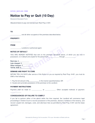 First page of Notice to Pay or Quit (10 Day) for Maryland, with a Rentari watermark