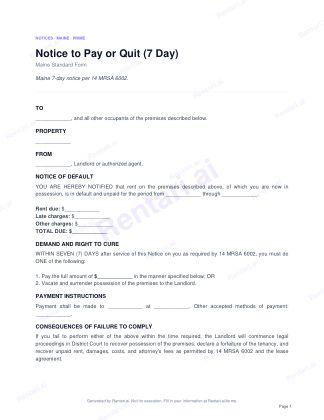 First page of Notice to Pay or Quit (7 Day) for Maine, with a Rentari watermark