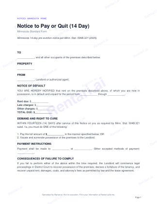 First page of Notice to Pay or Quit (14 Day) for Minnesota, with a Rentari watermark