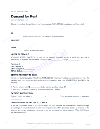 First page of Demand for Rent for Missouri, with a Rentari watermark