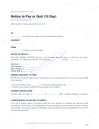 First page of Notice to Pay or Quit (10 Day) for North Carolina, with a Rentari watermark