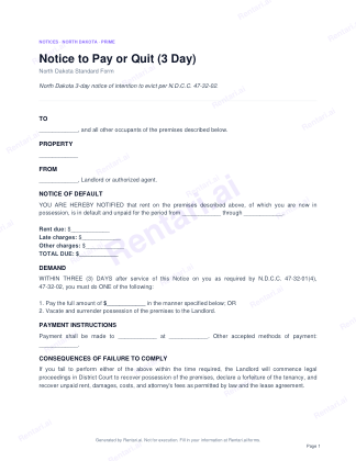 First page of Notice to Pay or Quit (3 Day) for North Dakota, with a Rentari watermark