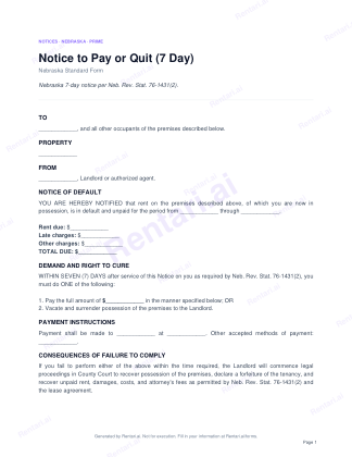 First page of Notice to Pay or Quit (7 Day) for Nebraska, with a Rentari watermark