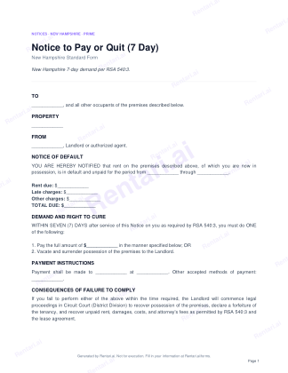 First page of Notice to Pay or Quit (7 Day) for New Hampshire, with a Rentari watermark