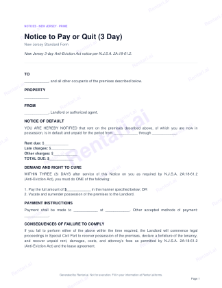 First page of Notice to Pay or Quit (3 Day) for New Jersey, with a Rentari watermark