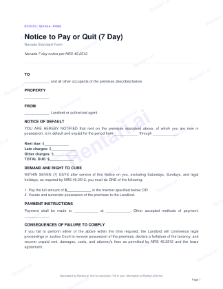 First page of Notice to Pay or Quit (7 Day) for Nevada, with a Rentari watermark