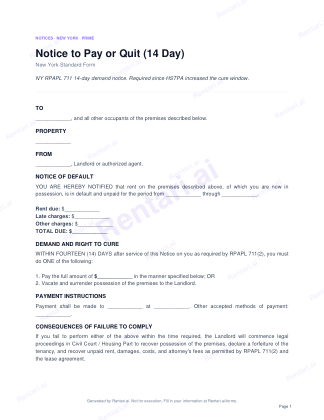 First page of Notice to Pay or Quit (14 Day) for New York, with a Rentari watermark