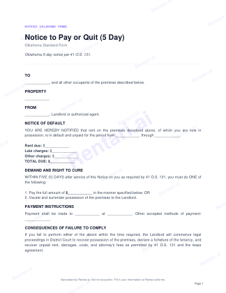 First page of Notice to Pay or Quit (5 Day) for Oklahoma, with a Rentari watermark