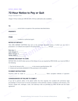 First page of 72-Hour Notice to Pay or Quit for Oregon, with a Rentari watermark