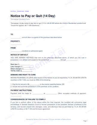 First page of Notice to Pay or Quit (14 Day) for Tennessee, with a Rentari watermark