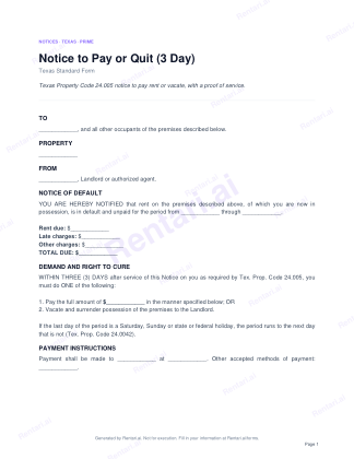 First page of Notice to Pay or Quit (3 Day) for Texas, with a Rentari watermark