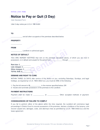First page of Notice to Pay or Quit (3 Day) for Utah, with a Rentari watermark