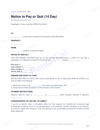 First page of Notice to Pay or Quit (14 Day) for Washington, with a Rentari watermark