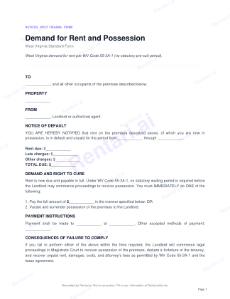 First page of Demand for Rent and Possession for West Virginia, with a Rentari watermark