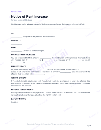 First page of Notice of Rent Increase for All, with a Rentari watermark