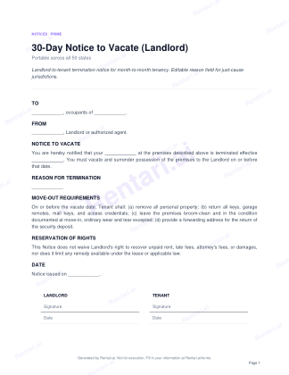 First page of 30-Day Notice to Vacate (Landlord) for All, with a Rentari watermark