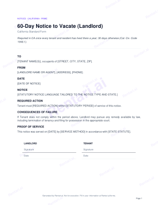 First page of 60-Day Notice to Vacate (Landlord) for California, with a Rentari watermark