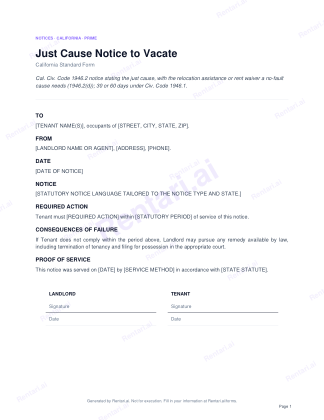 First page of Just Cause Notice to Vacate for California, with a Rentari watermark