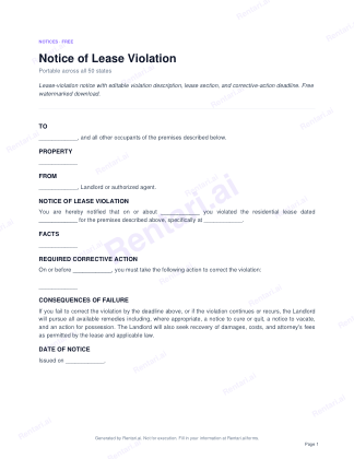 First page of Notice of Lease Violation for All, with a Rentari watermark