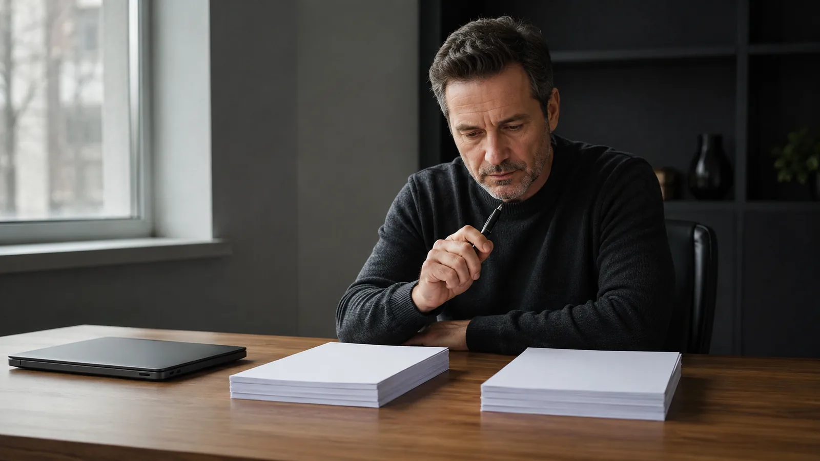 A landlord writing at a desk with rental applications and a laptop, lit by a nearby window