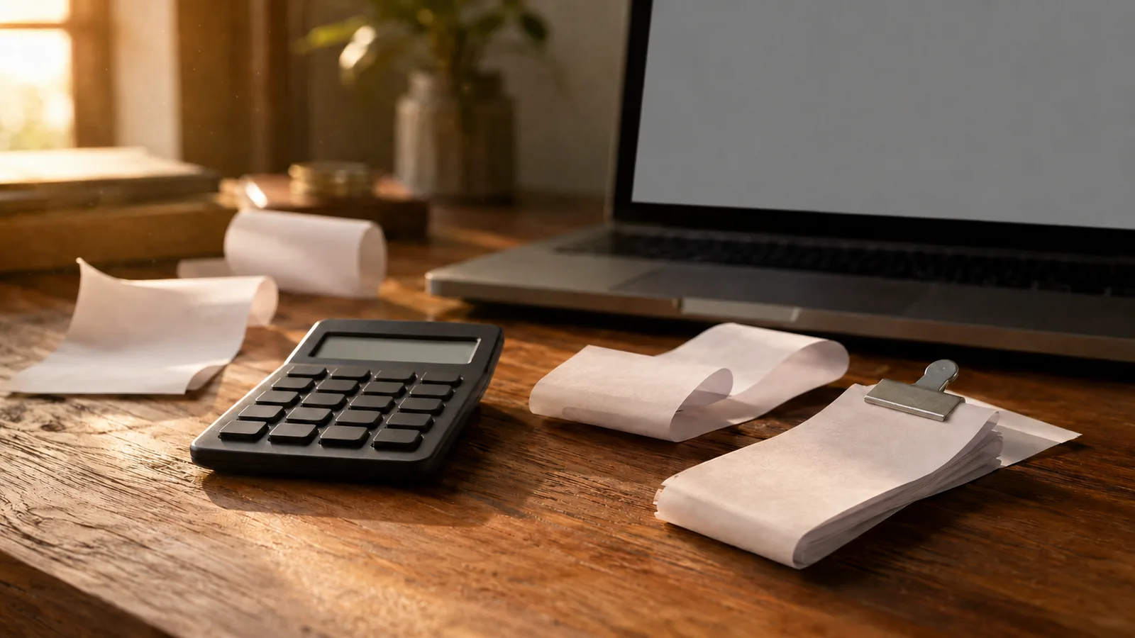 Receipts, a calculator and a laptop on a wooden desk