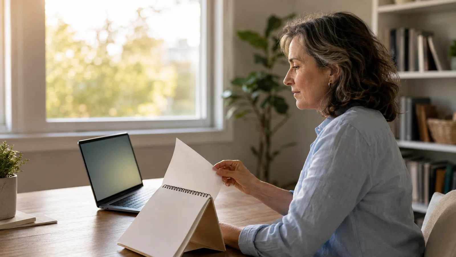 A landlord reviewing a lease renewal on a laptop in a sunlit home office with a calendar on the wall
