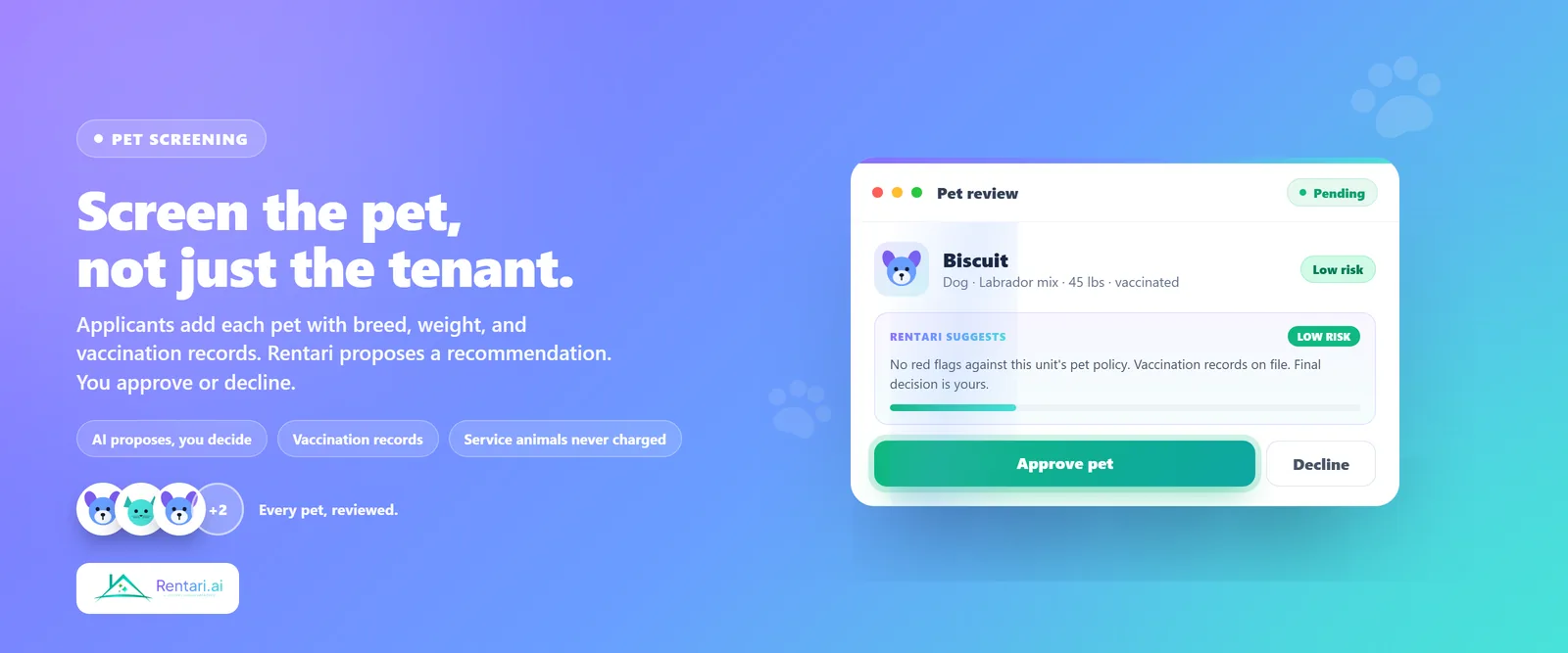 A pet review card showing an AI low-risk recommendation a landlord can approve or decline