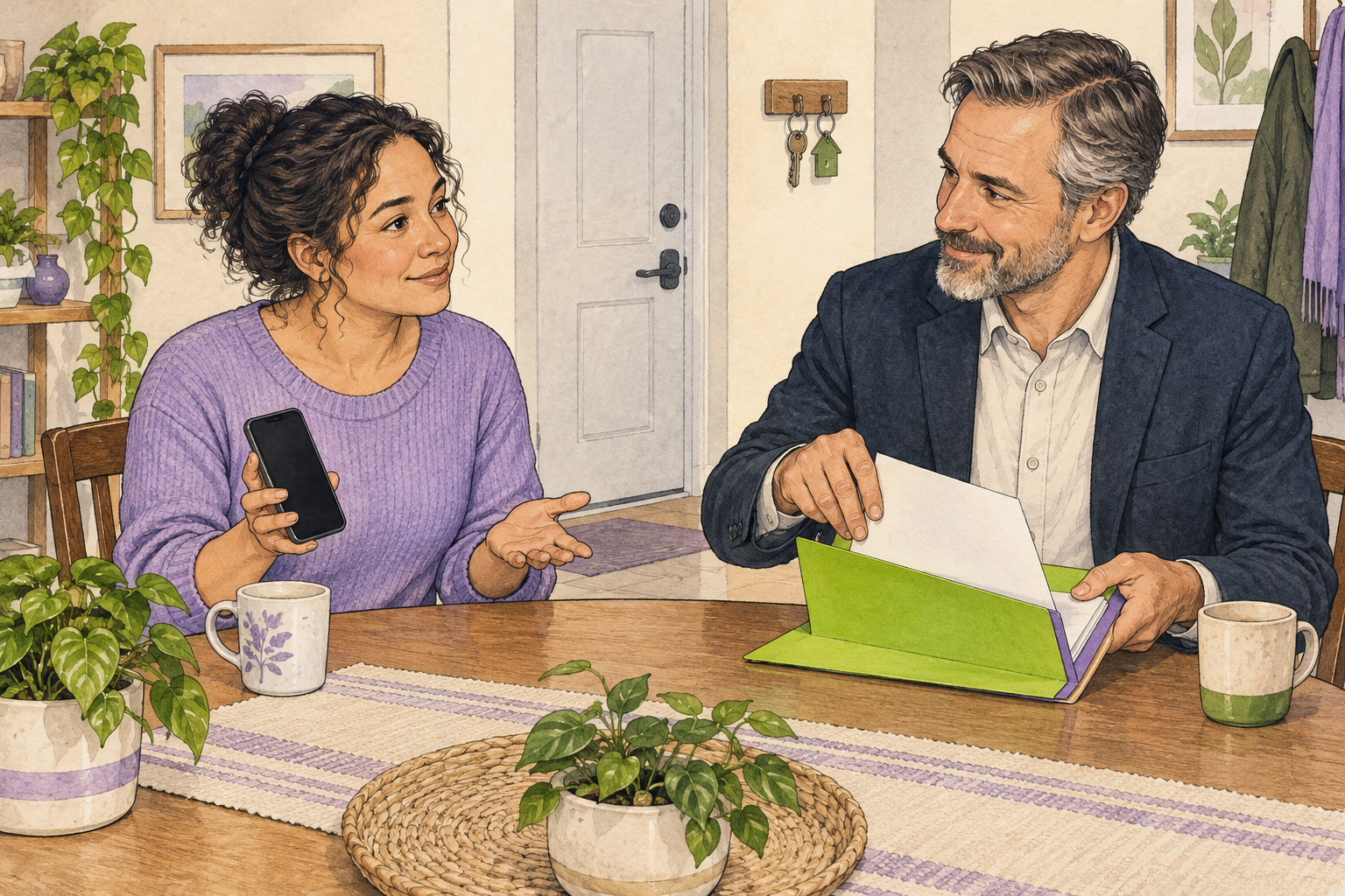 Editorial illustration of a resident with a blank-screen phone and a property owner placing a plain paper record in a folder at a rental home.