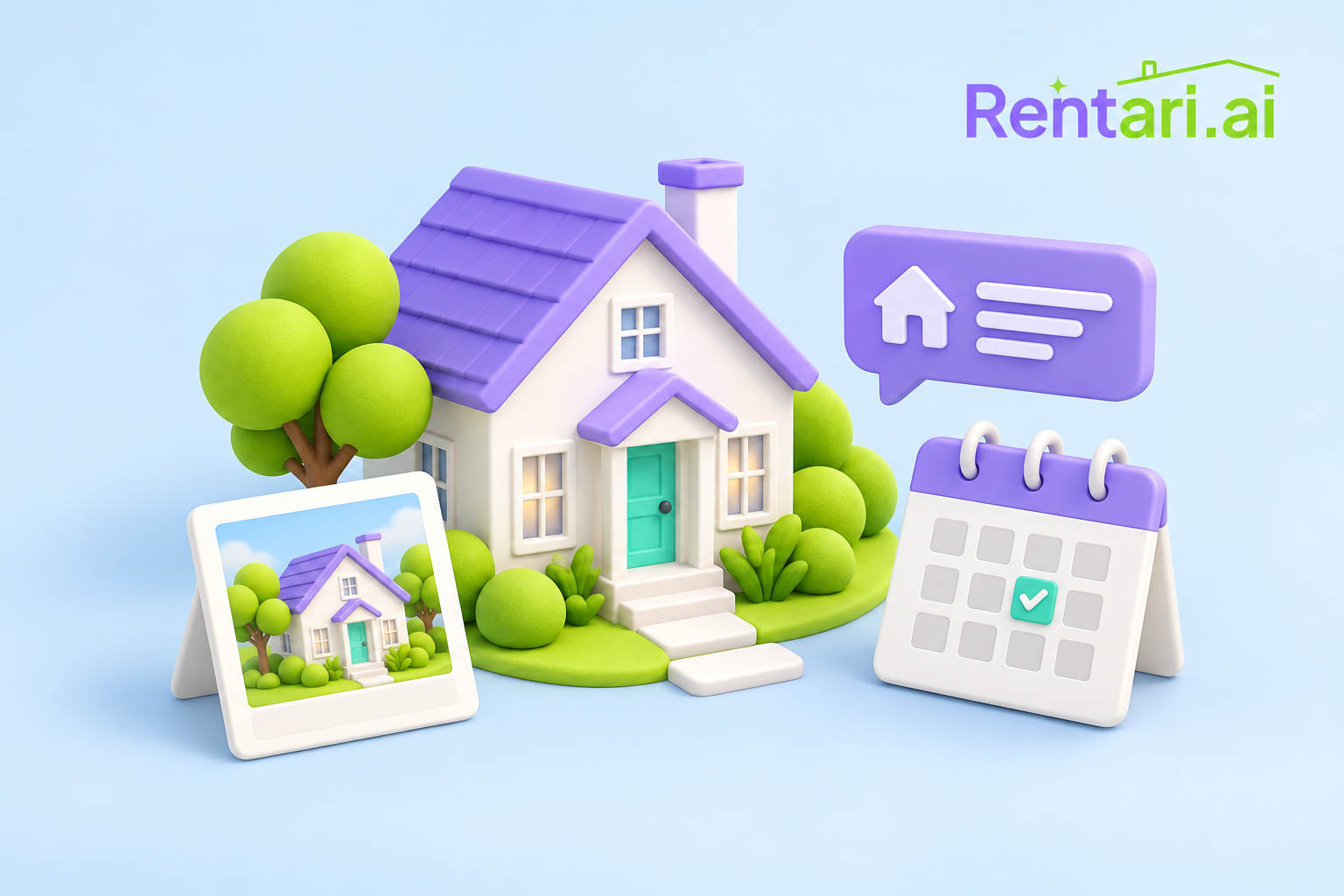 Clay illustration of a rental home and listing, message, and appointment objects.
