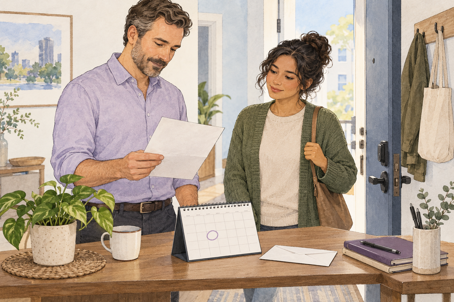 Editorial illustration of a housing provider and renter reviewing a plain notice, delivery envelope and calendar together.