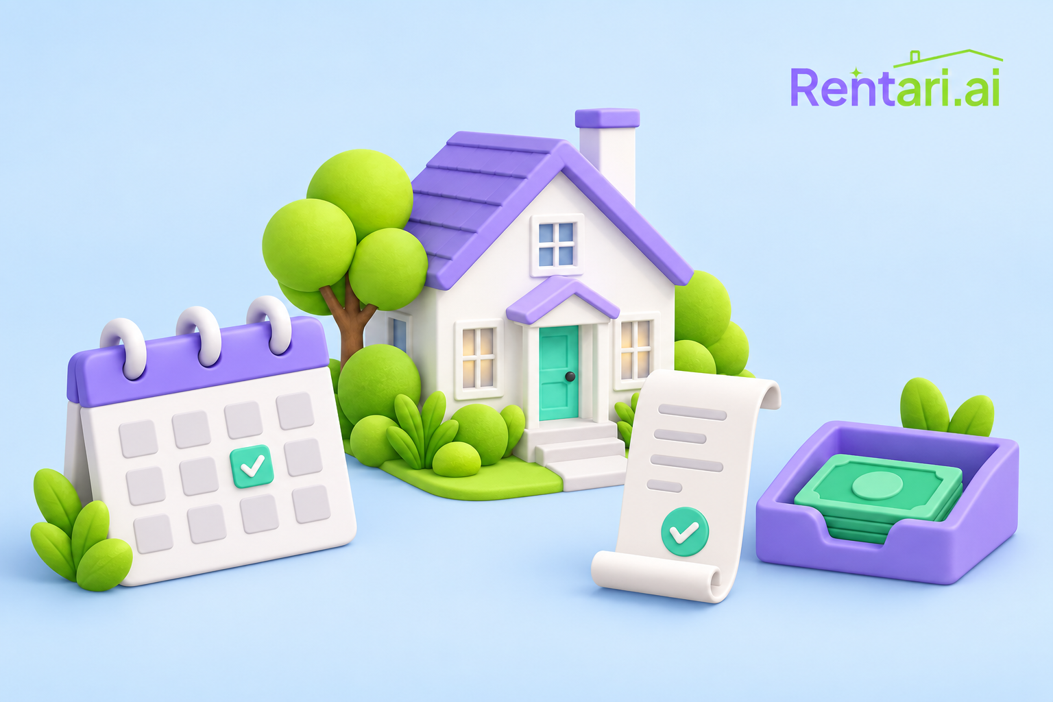 Clay illustration of a rental home and a calendar, receipt, and payment tray.