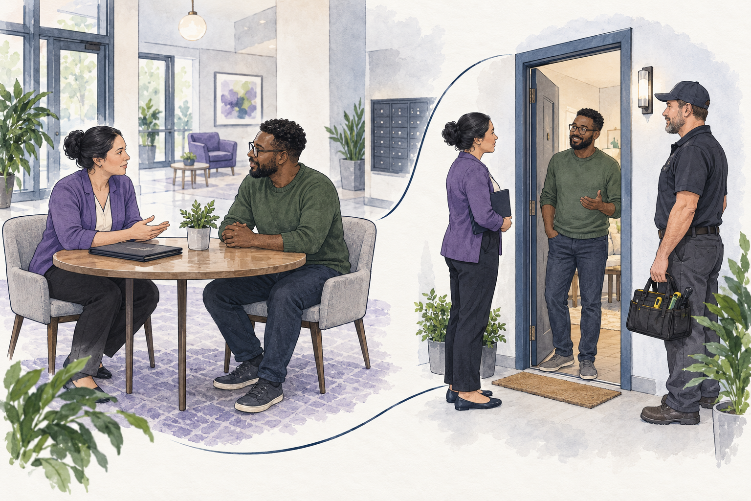 A housing contact listens to a resident in an apartment lobby, then follows up at the resident’s door with a repair professional.