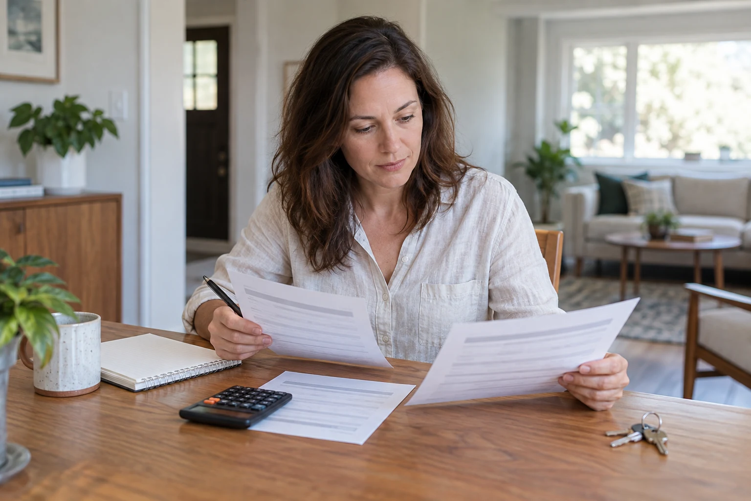 A landlord comparing rental offers with a calculator and house keys at a dining table.