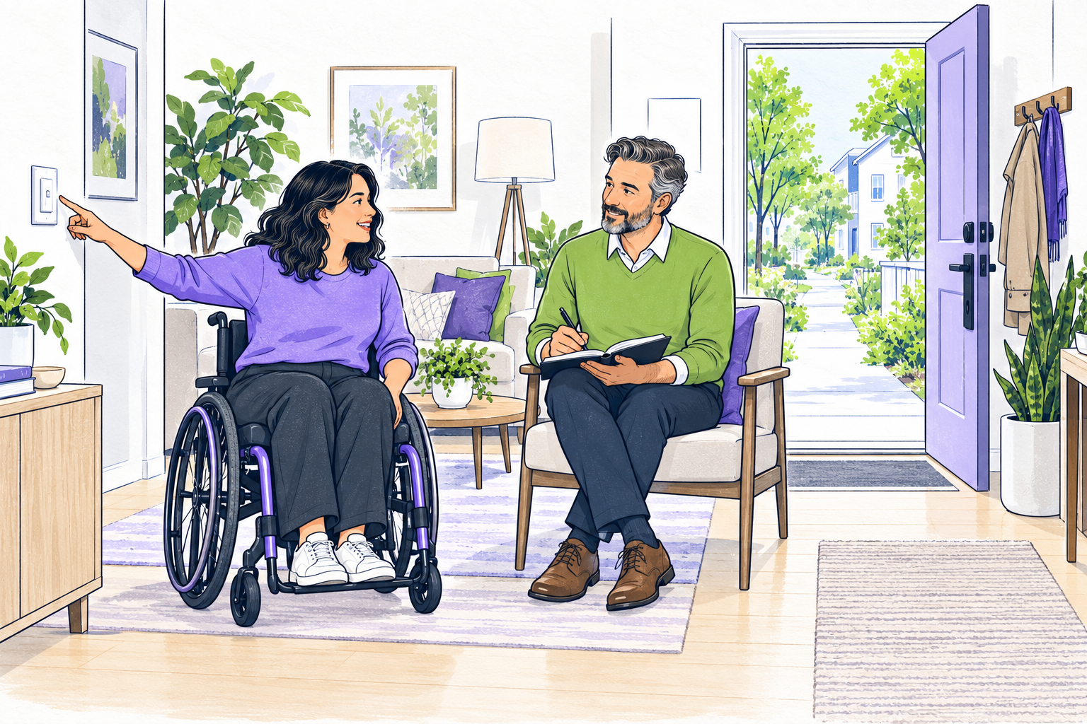 A renter and housing provider review an access request together inside a step-free rental home