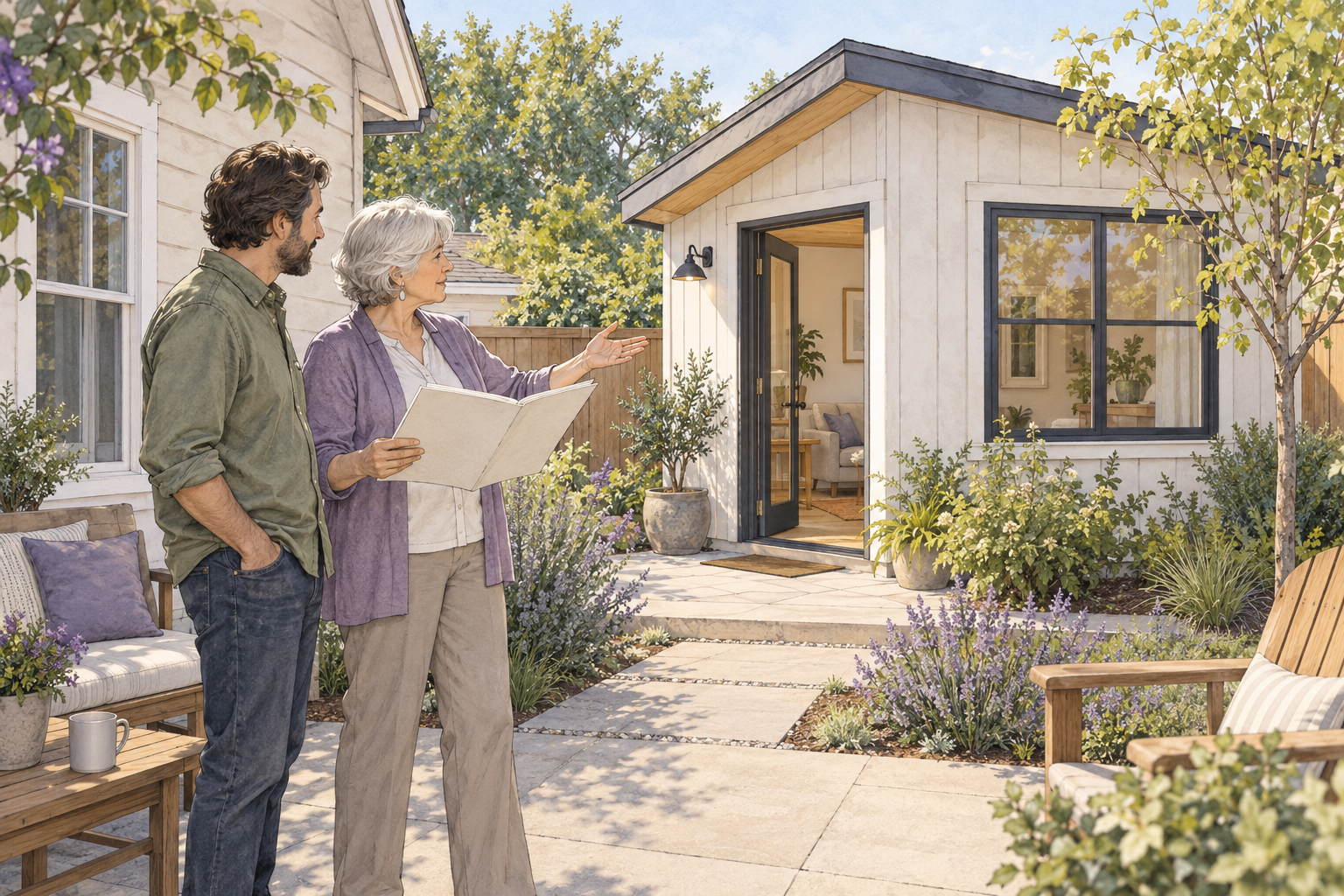 Original navy-ink and purple/lime watercolor illustration of an older adult leading a project discussion beside a modest backyard cottage and clear paved approach