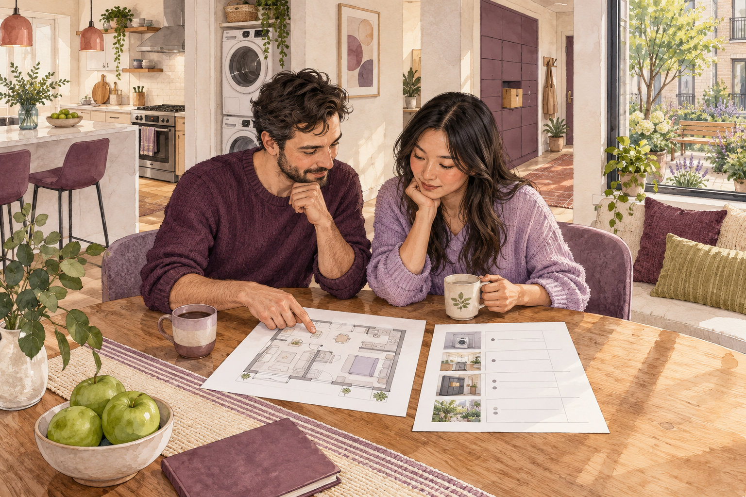 Watercolor illustration of a renter and landlord reviewing a floor plan and rental feature comparison in a bright apartment