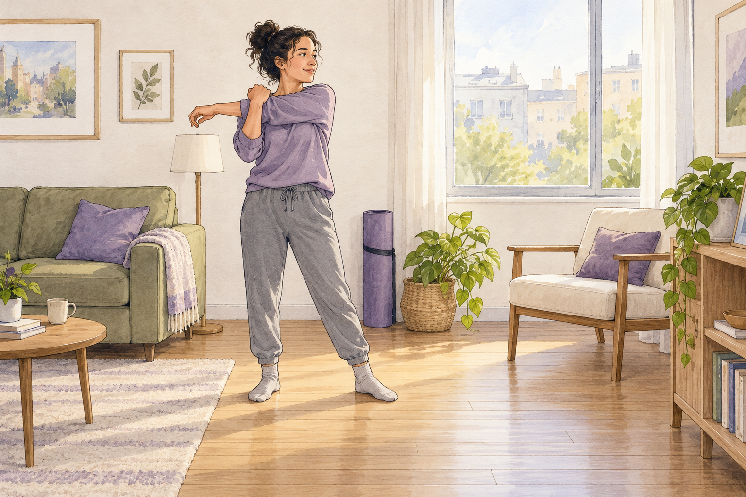 Watercolor and ink illustration of a resident stretching beside a rolled mat in a bright apartment living room with a clear walking path