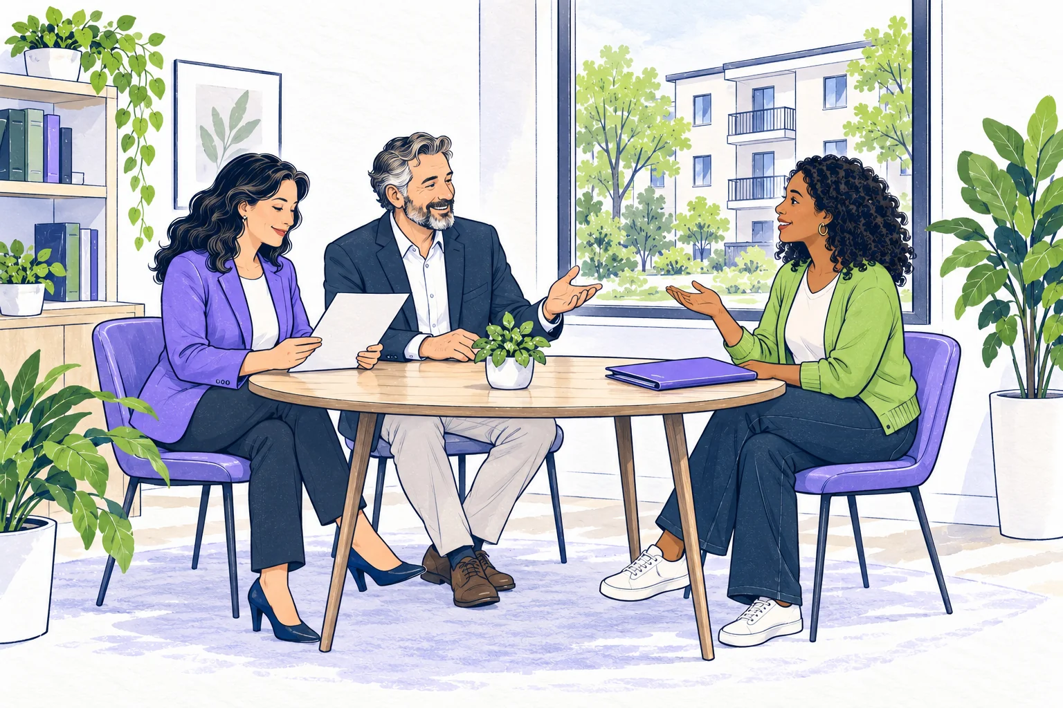 A rental owner and adviser review a blank record while an applicant discusses the rental process at a table