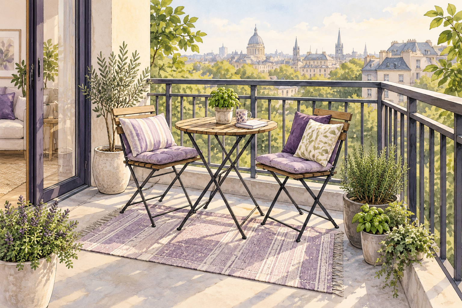 Watercolor and ink illustration of a small balcony with a bistro table, purple cushions, floor-level plants and a clear doorway