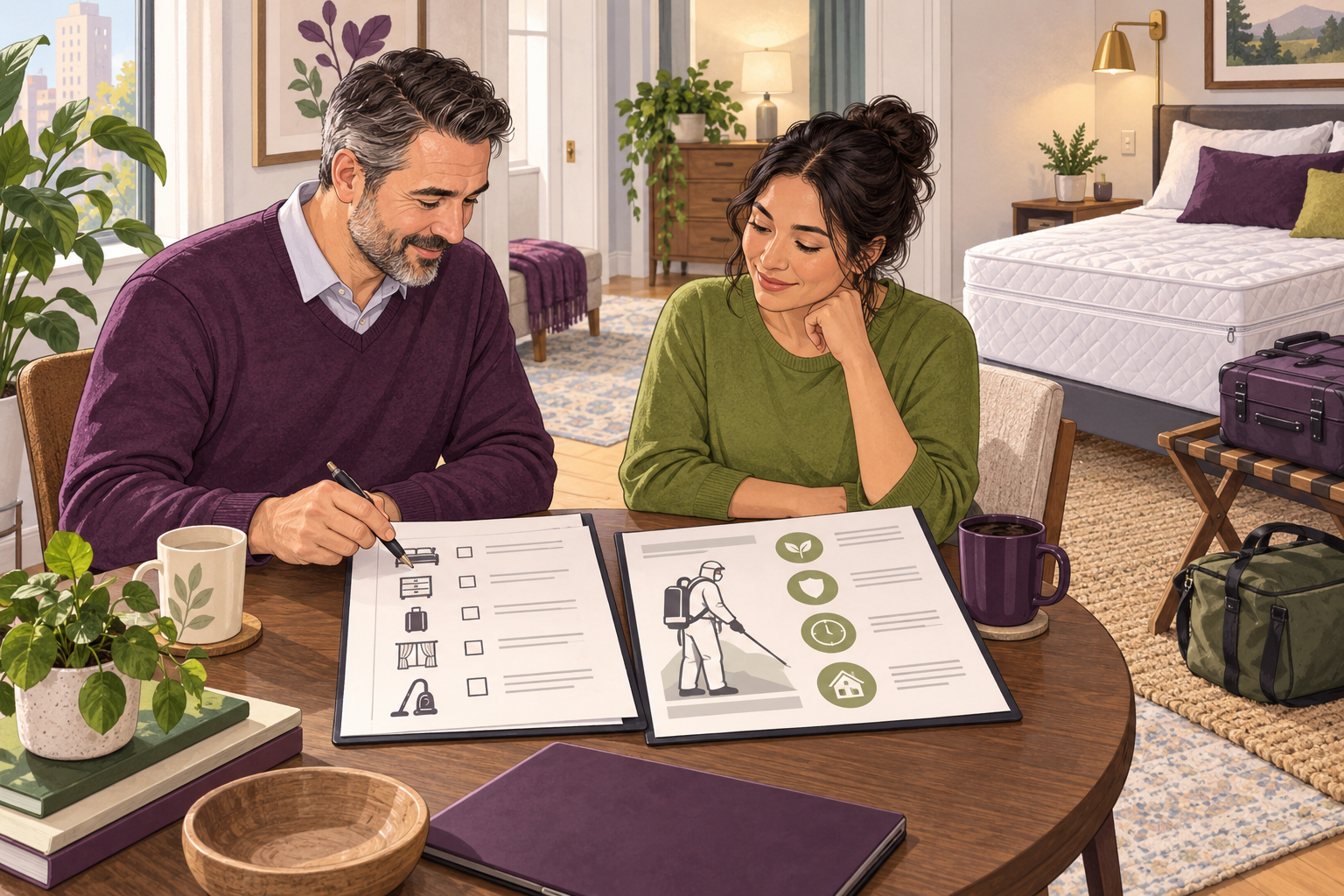 A landlord and resident calmly review a bed-bug inspection checklist and a professional treatment plan in a clean rental bedroom