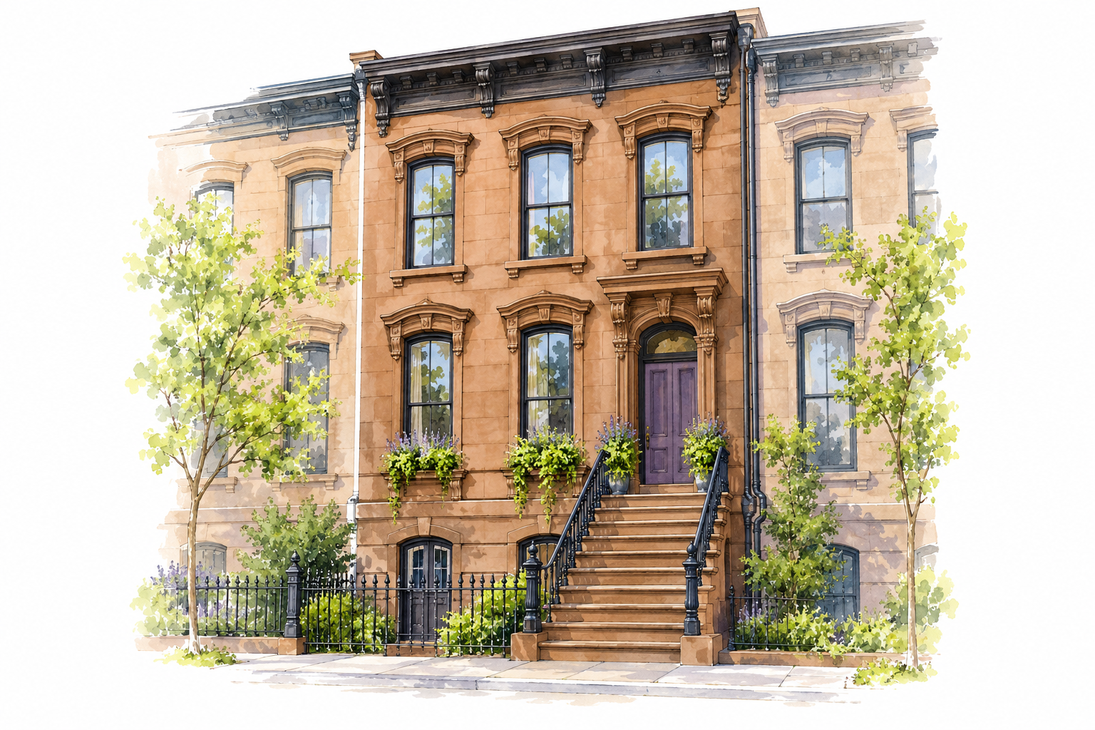 Illustrated brown sandstone row house with a raised stoop, tall windows and a lower-level entrance