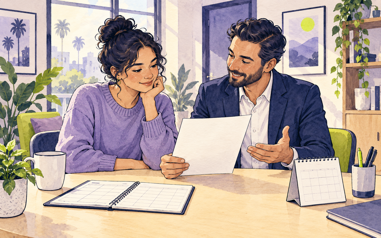 Original navy-ink and purple/lime watercolor illustration of a renter and housing provider reviewing a blank optional rent-reporting form, payment ledger and calendar