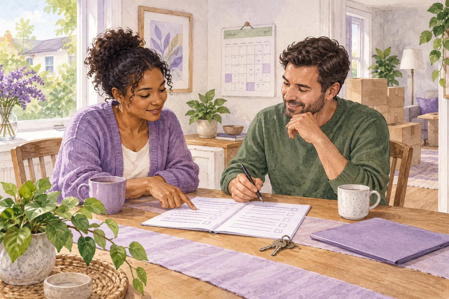 A renter and landlord calmly review a move-out checklist and calendar together at a rental home, with keys on the table.