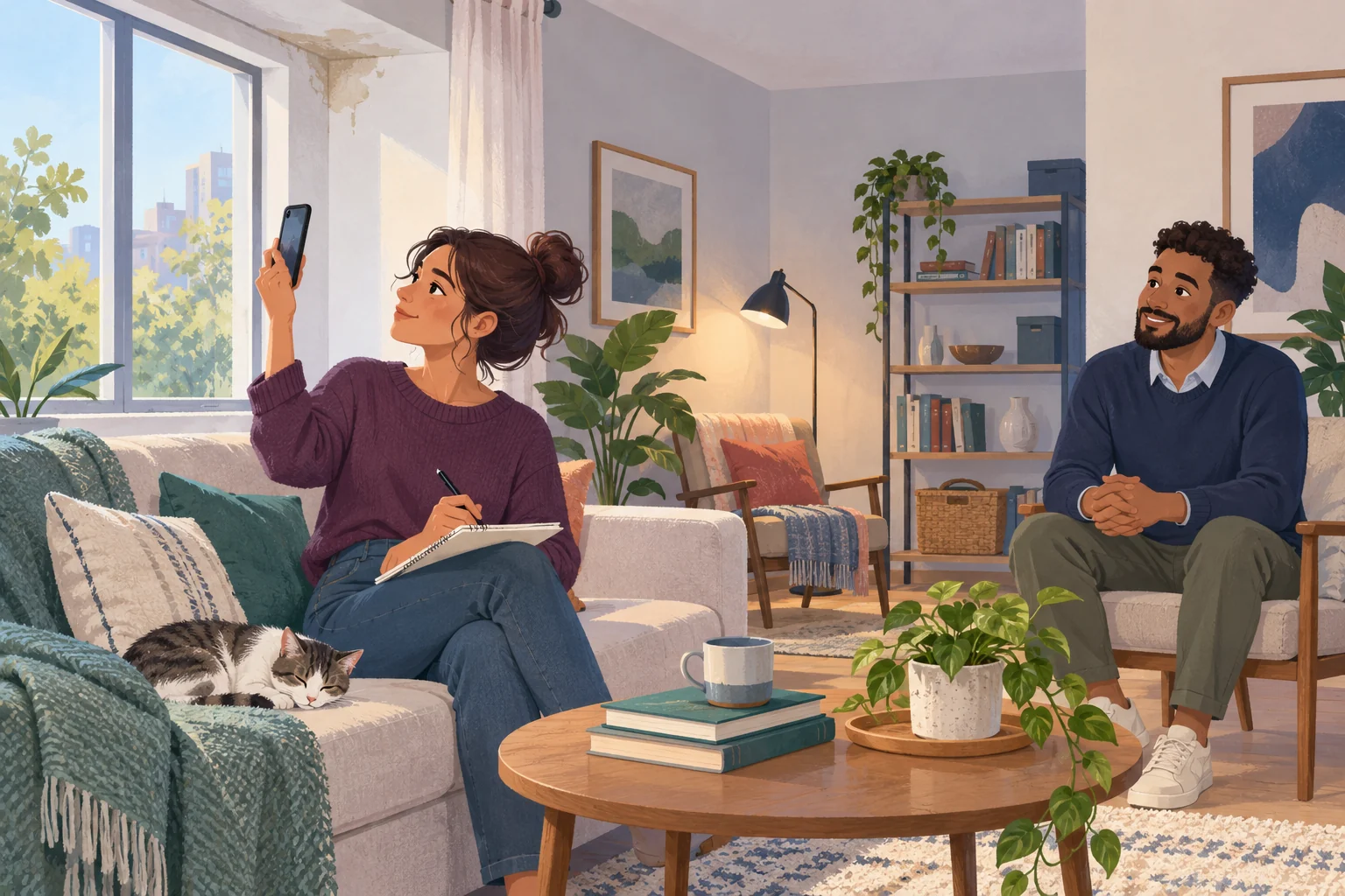A renter writes down an apartment concern while discussing a clear next step with a property contact in a bright living room